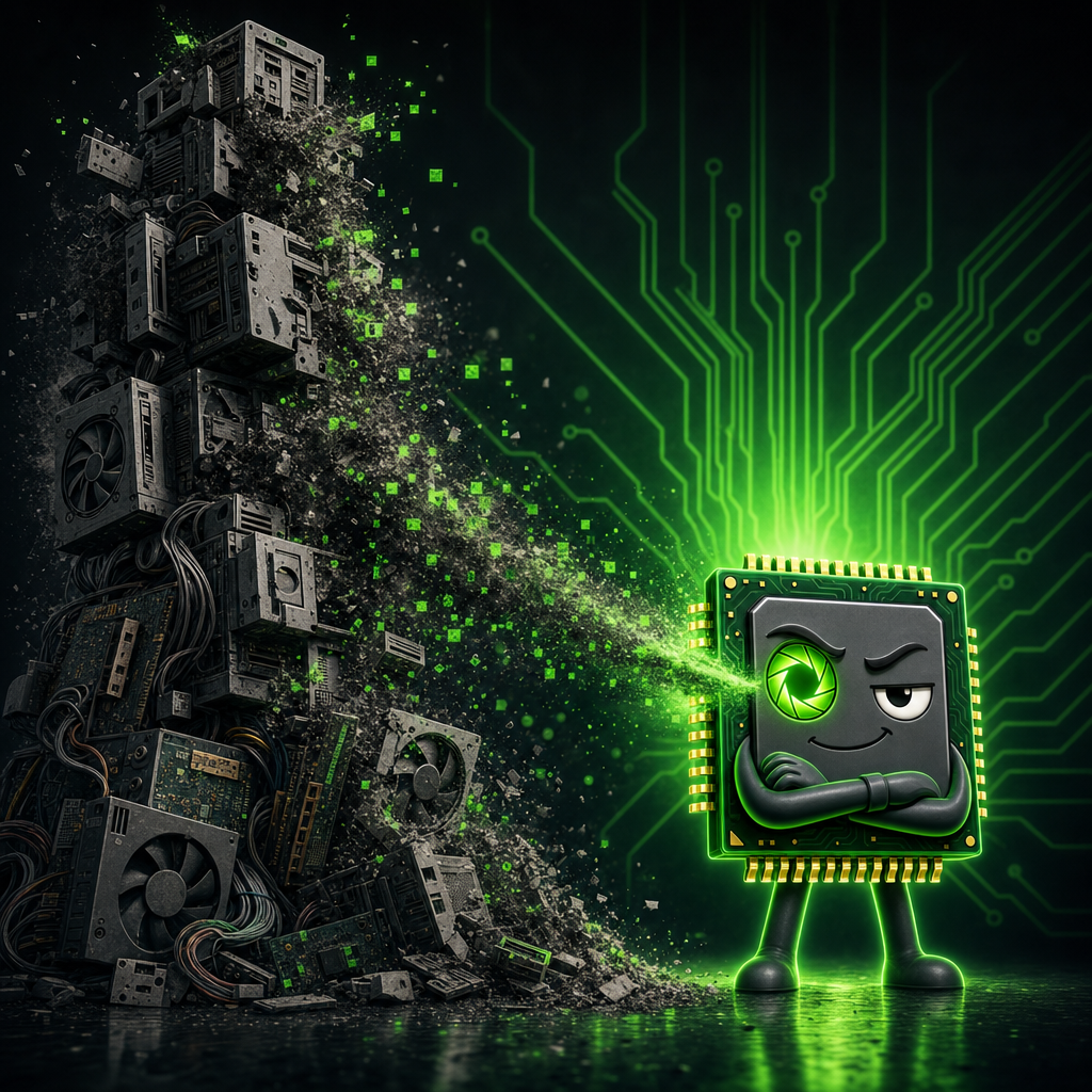 A tower of obsolete PC parts dissolving into green pixels beside the glowing N1X chip